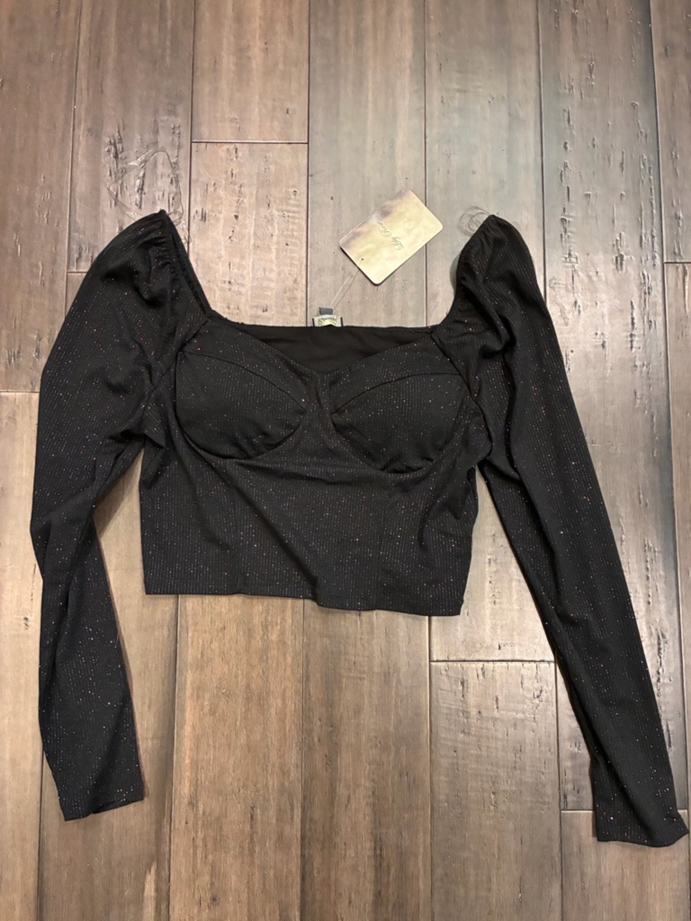 NWT Black Sparkle Long-Sleeve Bustier Crop Top size XL Lily Rose